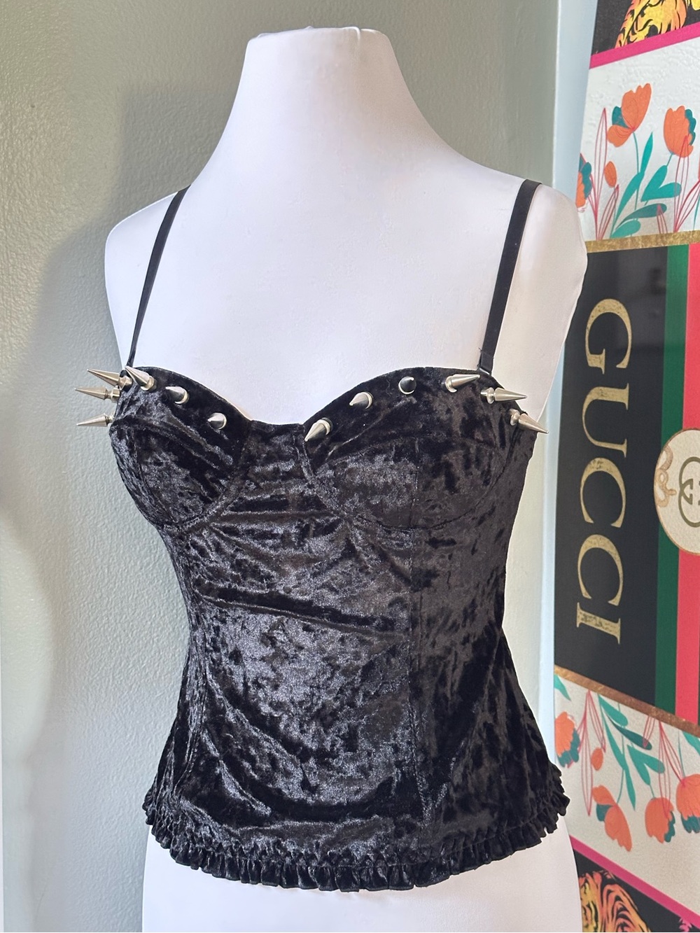 Handmade Gothic Metal Punk Rock Halloween Crushed Velvet Spiked Bustier Top
